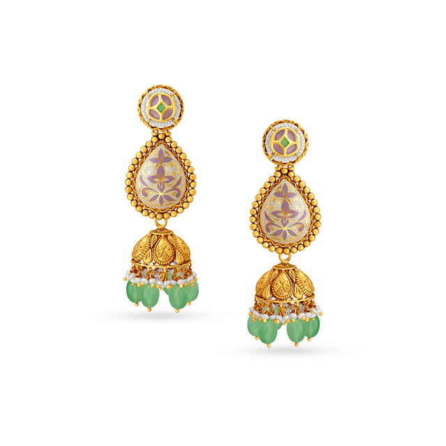 Floral Pattern Gold Jhumka Earrings With Beads,,hi-res image number null