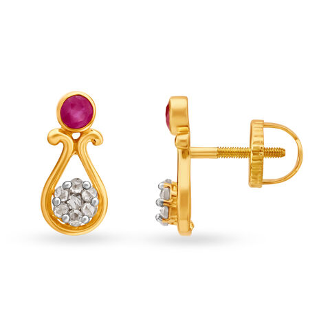 Graceful 18 Karat Yellow Gold And Ruby Teardrop Studs