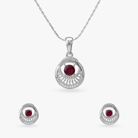 Crimson Radiance Silver Pendant and Earrings Set