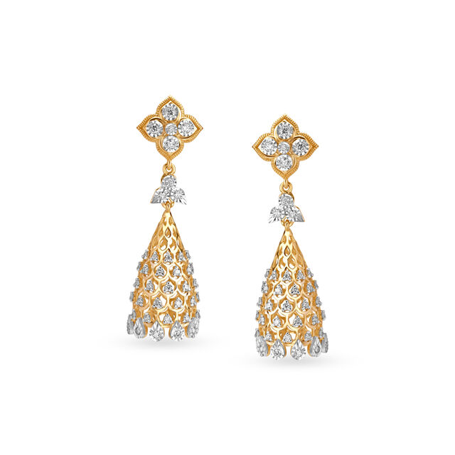 Magnificent Floral Gold and Diamond Studded Jhumkas,,hi-res image number null