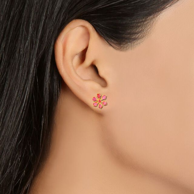 Floral 22 Karat Gold And Ruby Stud Earrings,,hi-res image number null