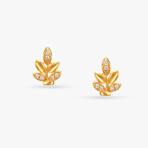 Sparkling Leaflet Gold Stud Earrings