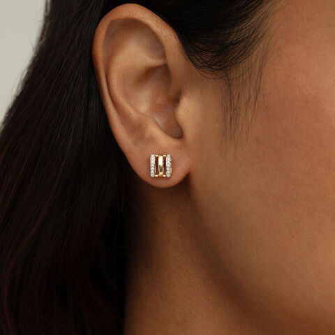 Sleek Dual-Bar Gold & Diamond Stud Earrings