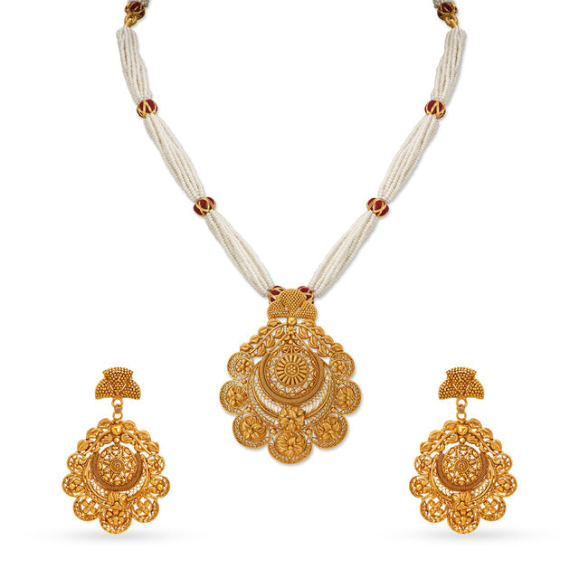 Royal Gold Pendant with Chain and Earrings Set,,hi-res image number null