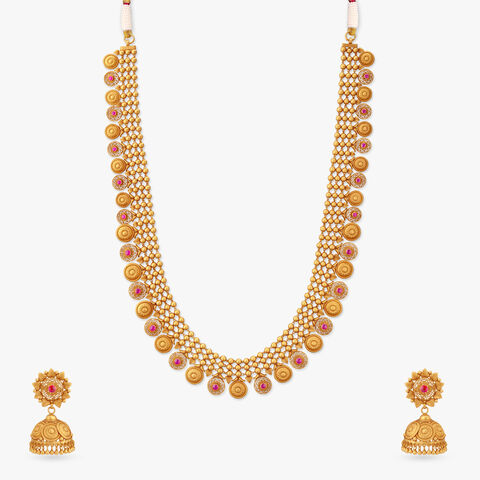 Floral Cascade Gold Long Temple Necklace Set