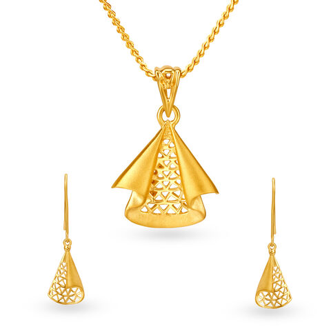 Urbane Yellow Gold Triangular Pendant and Earrings Set