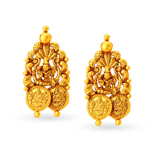 Divine Yellow Gold Carved Deity Necklace and Earrings Set