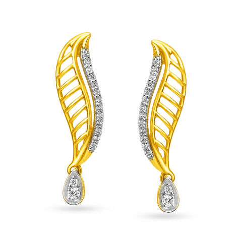 Fancy Leaf Inspired Gold and Diamond Drop Earrings