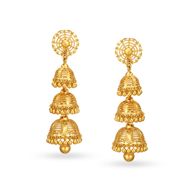 Traditional Elongated Gold Filigree 3 Layer Jhumkas,,hi-res image number null