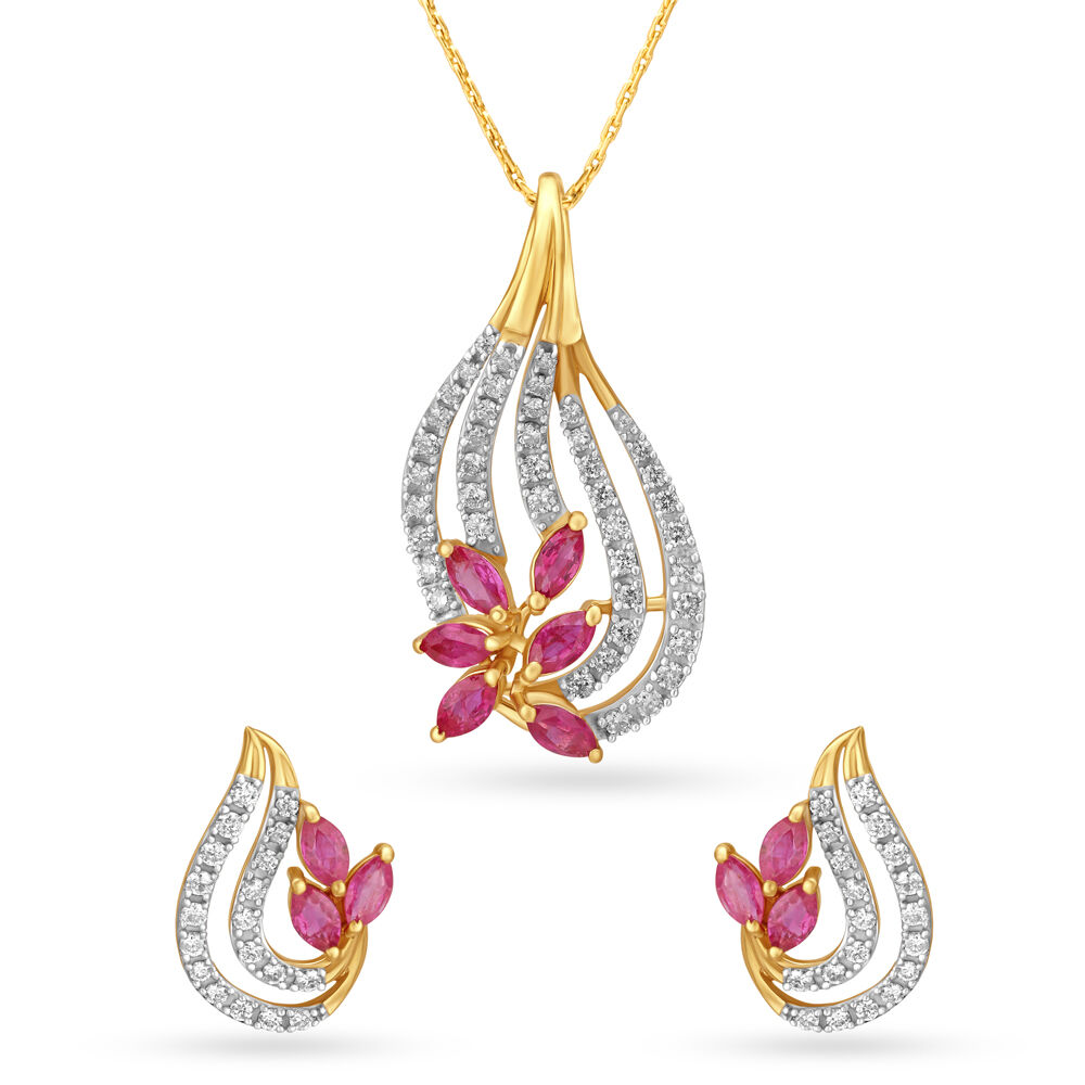 Floral Ruby and Diamond Gold Pendant and Earrings Set