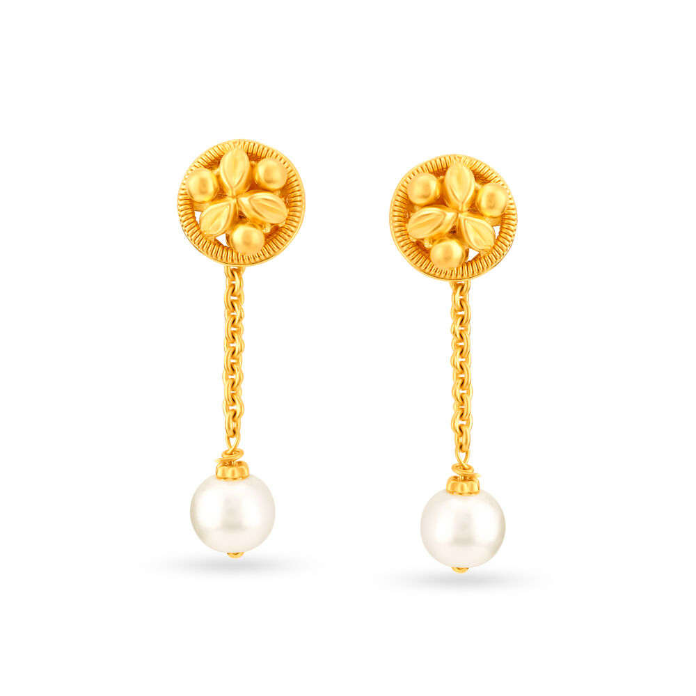 Lovely 22 Karat Gold And Pearl Chain Dangler Earrings