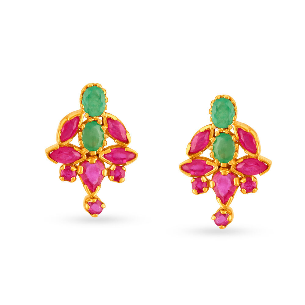 Riveting 22 Karat Yellow Gold And Ruby And Emerald Floral Drops