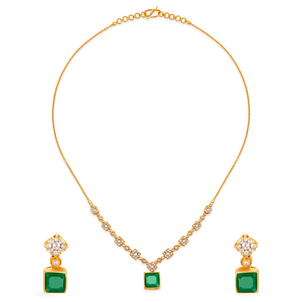 Arresting Geometric Gold Necklace Set With Coloured Stones