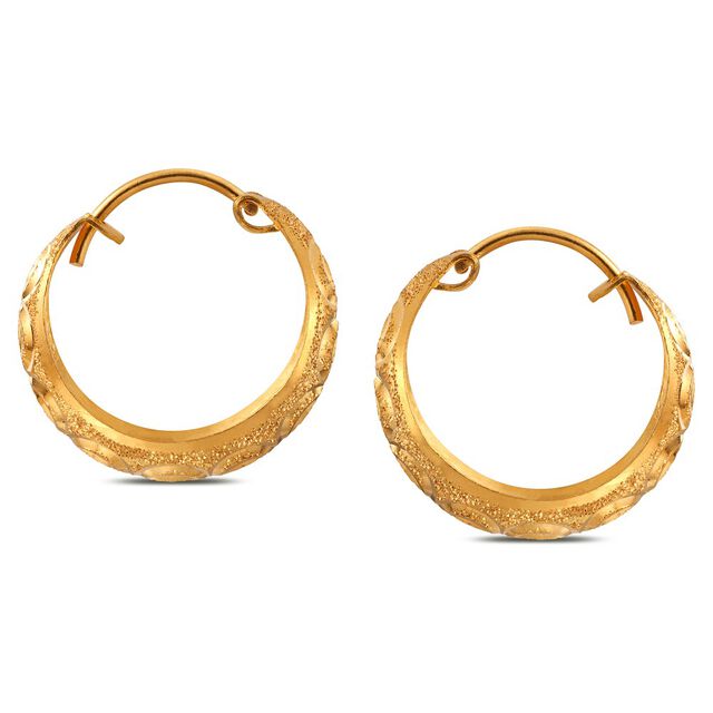 Elegant 22 Karat Yellow Gold Textured Bali Style Hoop Earrings