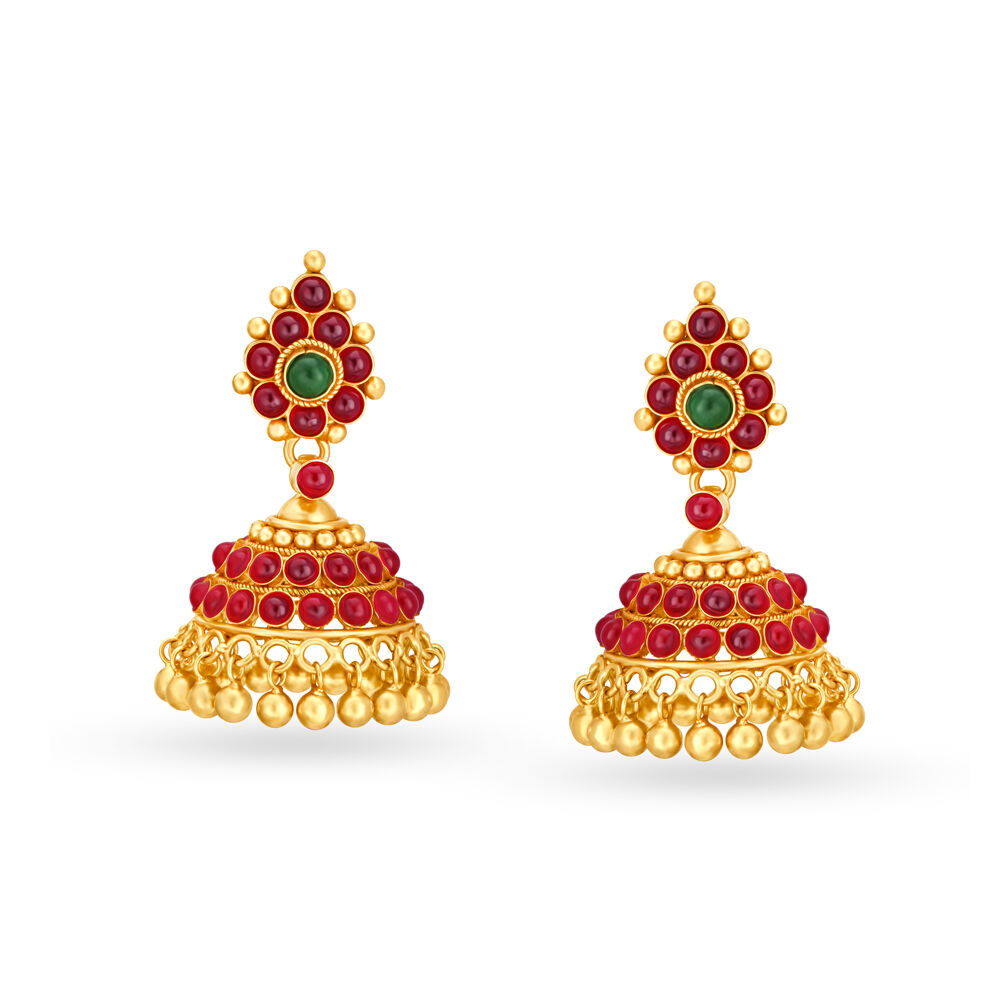 Spectacular 22 Karat Yellow Gold And Stone Jhumkas