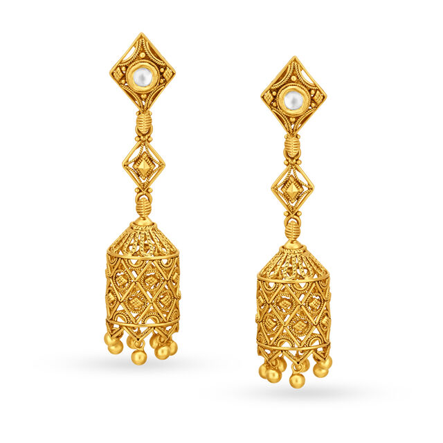 Intricate 22 Karat Yellow Gold Rhomboid Jhumkas,,hi-res image number null