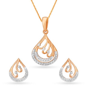 Majestic Teardrop Shaped Rose Gold and Diamond Pendant and Earrings Set
