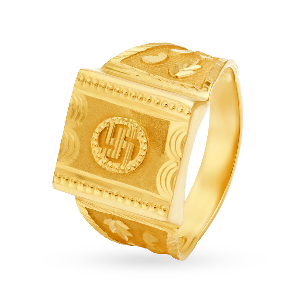 Divine 22 Karat Yellow Gold Swastik Engraved Finger Ring