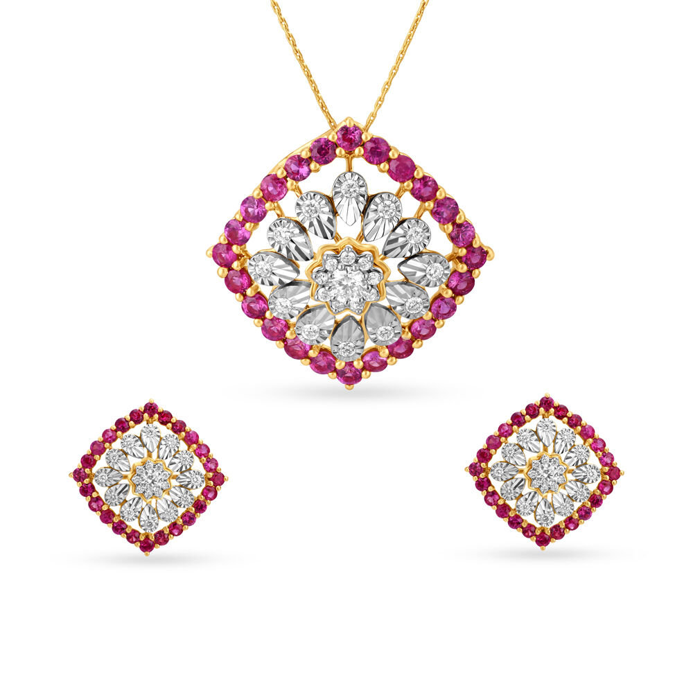 Arresting Floral Ruby Diamond Pendant And Earrings Set