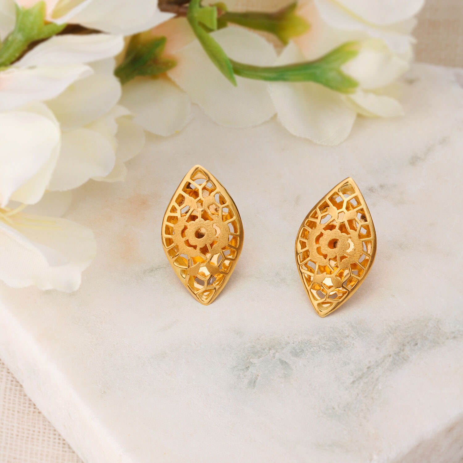 Jali Work Floral Gold Stud Earrings