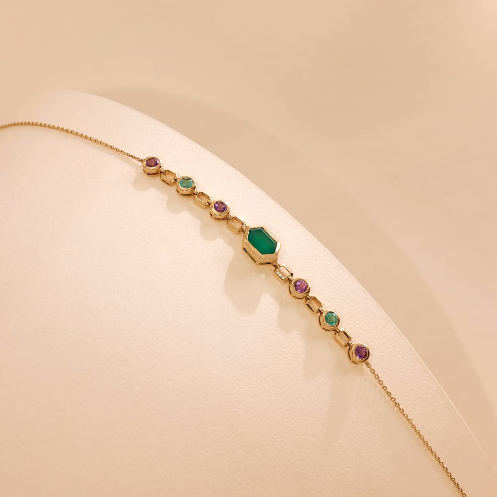 Rhythmic Linked Amethyst Emerald and Onyx Bracelet,,hi-res image number null