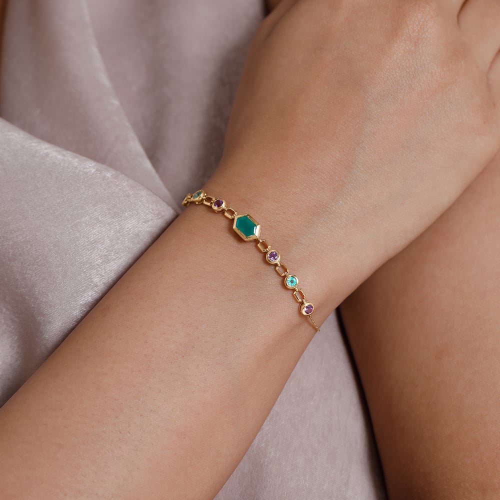 Rhythmic Linked Amethyst Emerald and Onyx Bracelet,,hi-res image number null