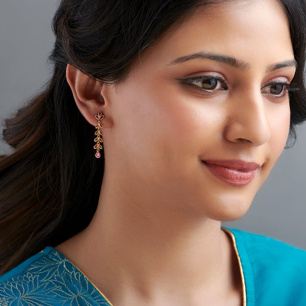 Graceful 22 Karat Yellow Gold Lead Patterned Drop Earrings,,hi-res image number null