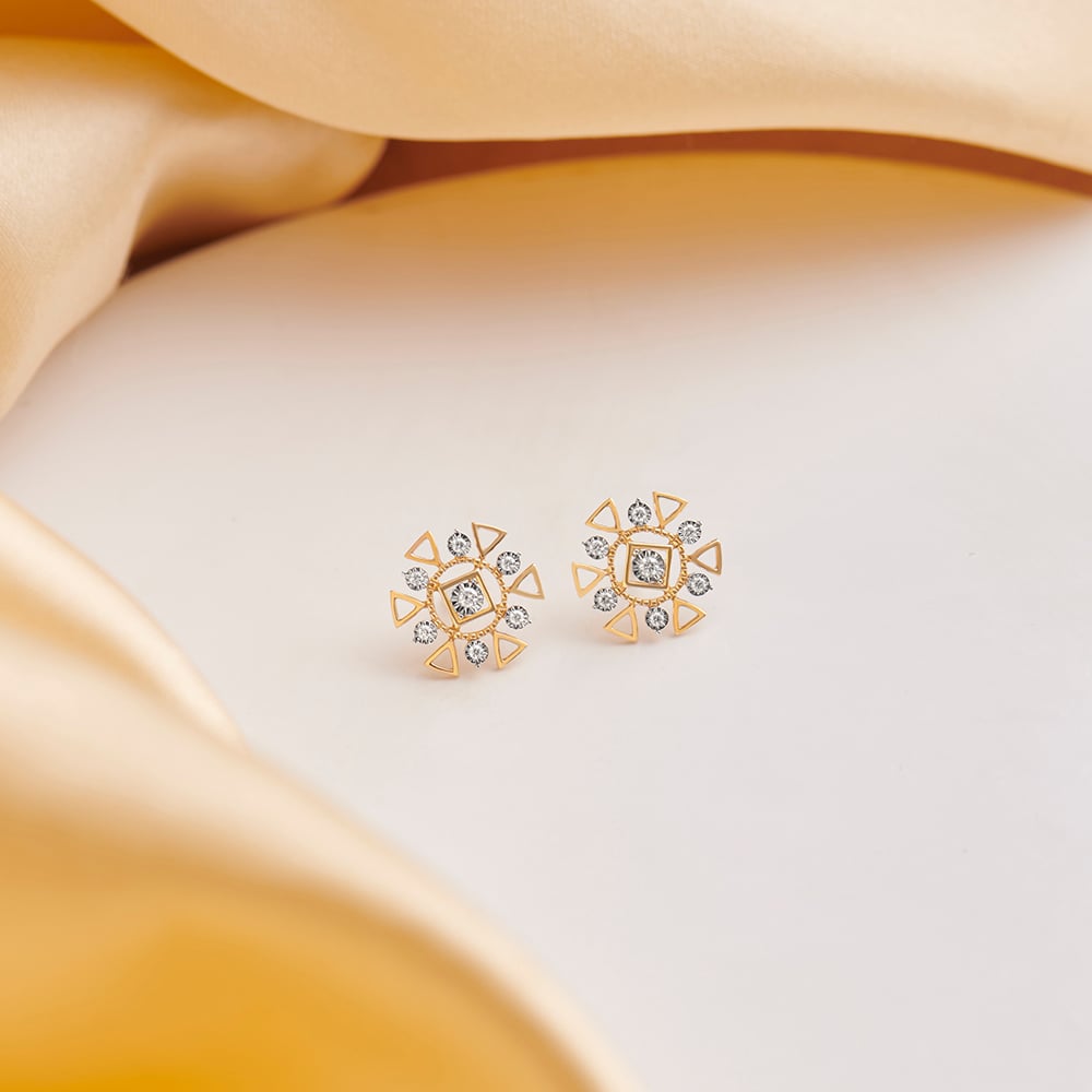 Eclectic 18 Karat Yellow And White Gold And Diamond Geometric Flower Stud Earrings