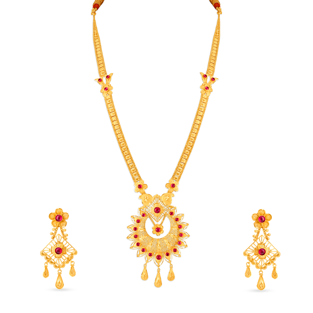 Striking Gold Long Necklace Set With Filigree Work,,hi-res image number null