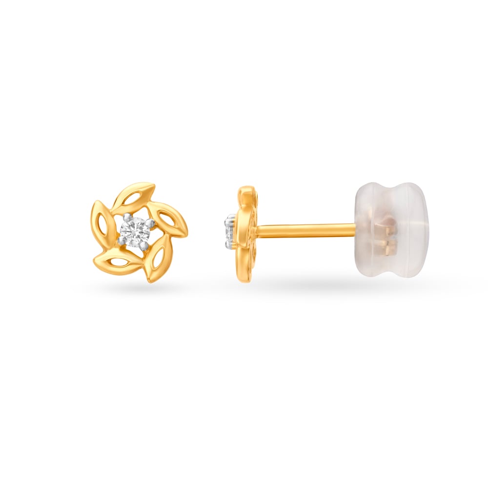 Dainty Floral Gold and Diamond Stud Earrings,,hi-res image number null
