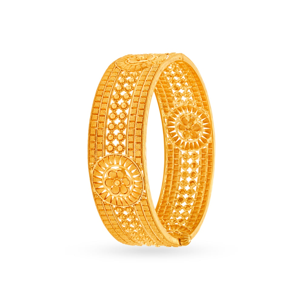 Coruscating 22 Karat Yellow Gold Floral Bead Bangle,,hi-res image number null