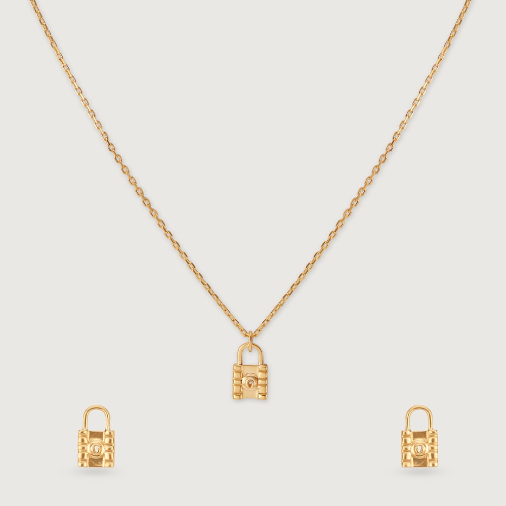 Lock Charm 14 Kt Gold Necklace Set,,hi-res image number null