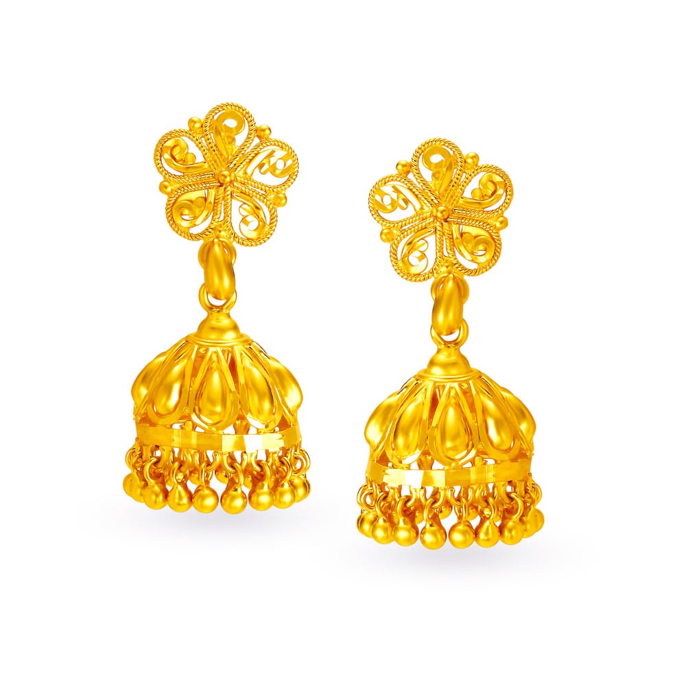 Eye-Pleasing 22 Karat Yellow Gold Flower Jhumka Earrings