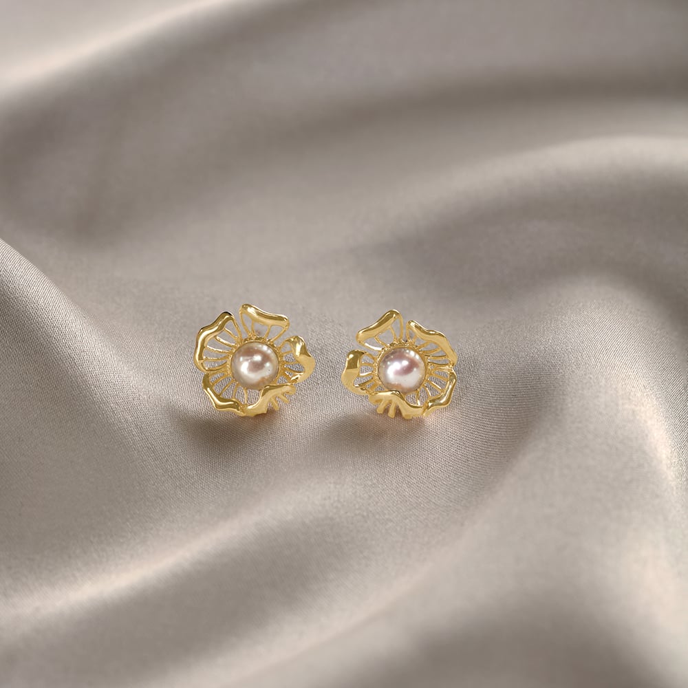 Floral Whispers 14 Kt Gold & Pearl Stud Earrings,,hi-res image number null