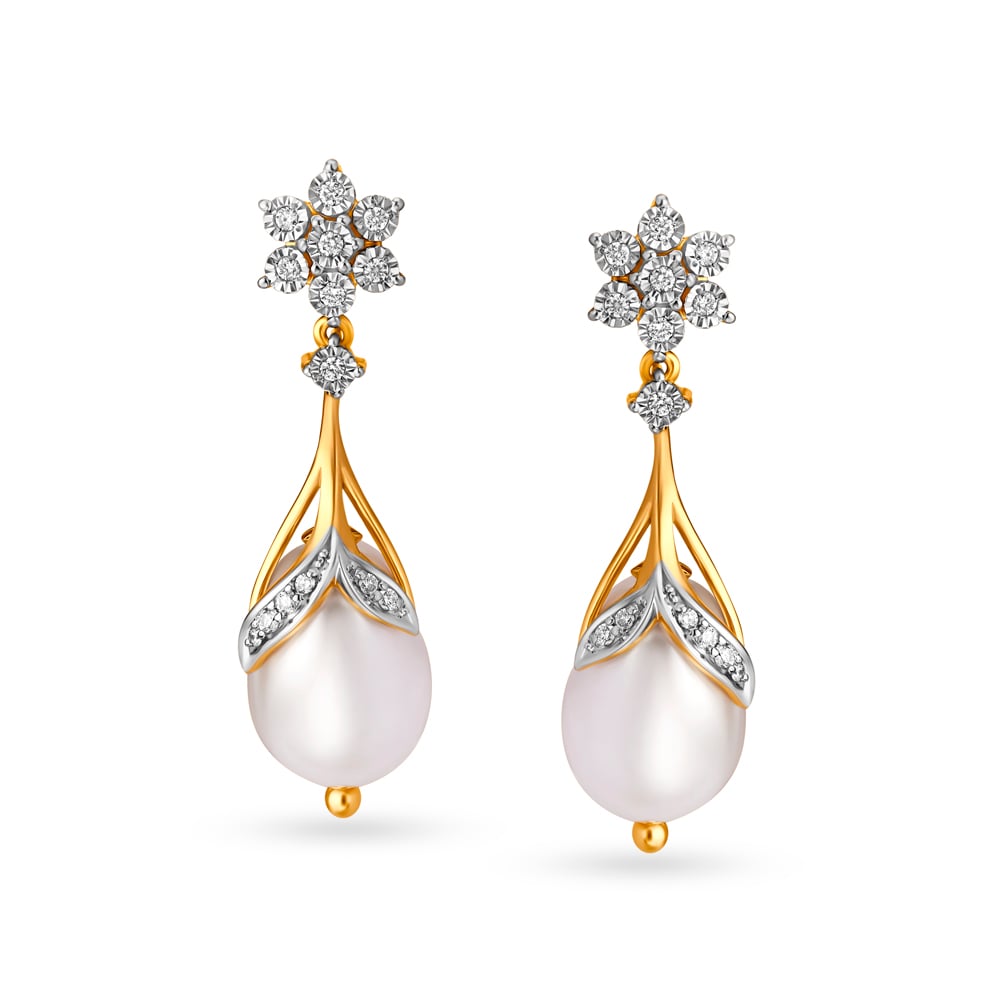 Enchanting Floral Diamond Drop Earrings in Yellow and White Gold
