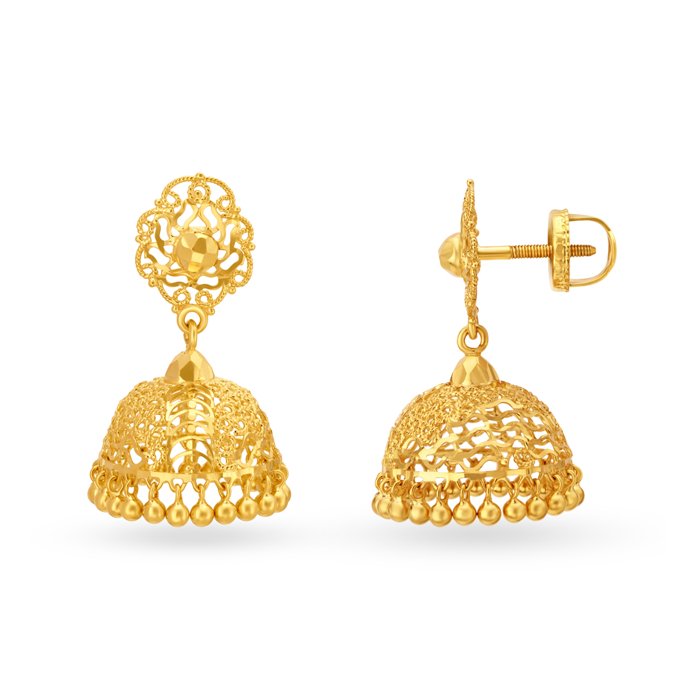 Traditional Alluring Gold Jali Work Jhumkas,,hi-res image number null