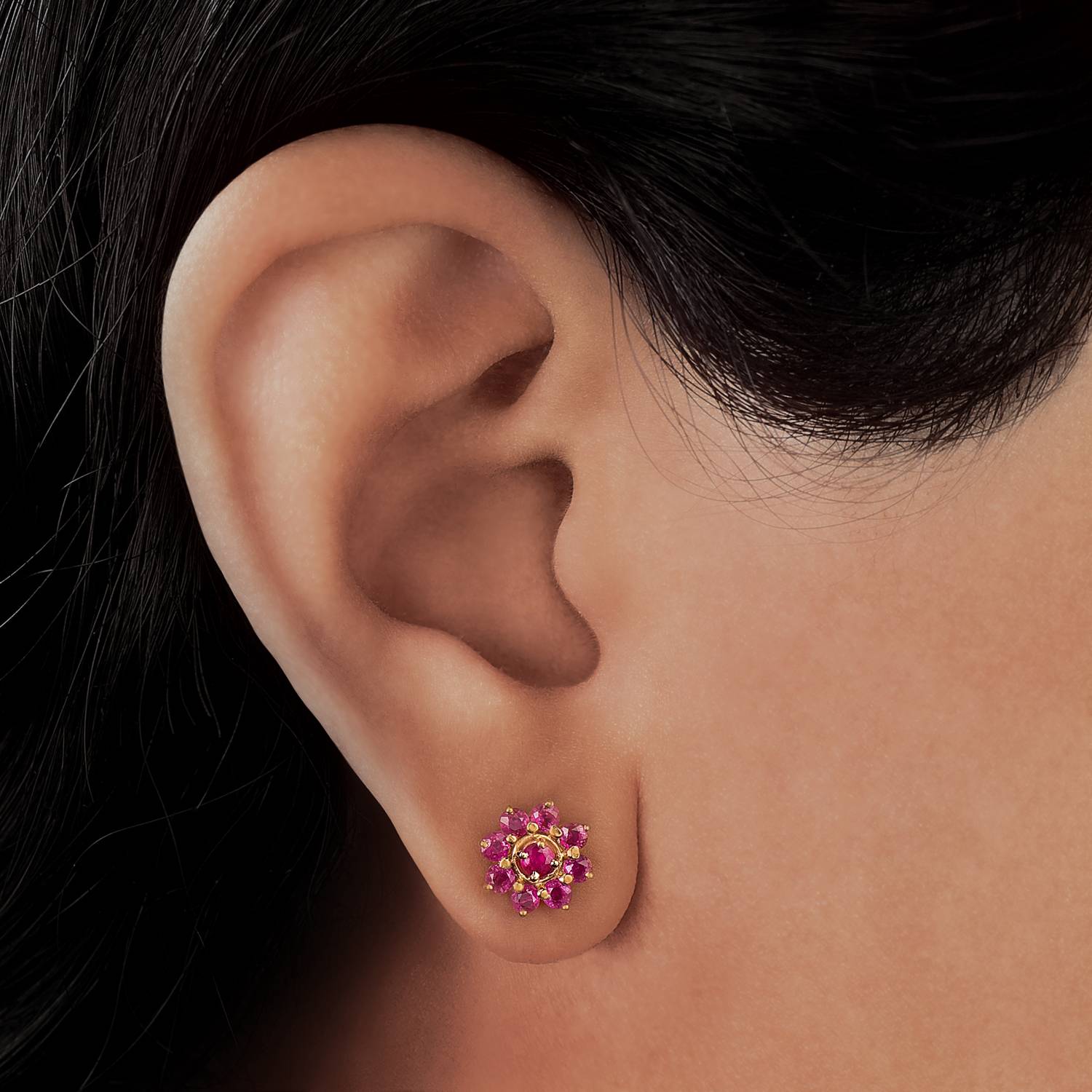 Irresistible 18 Karat Yellow Gold Ruby Embellished Petals Stud Earrings