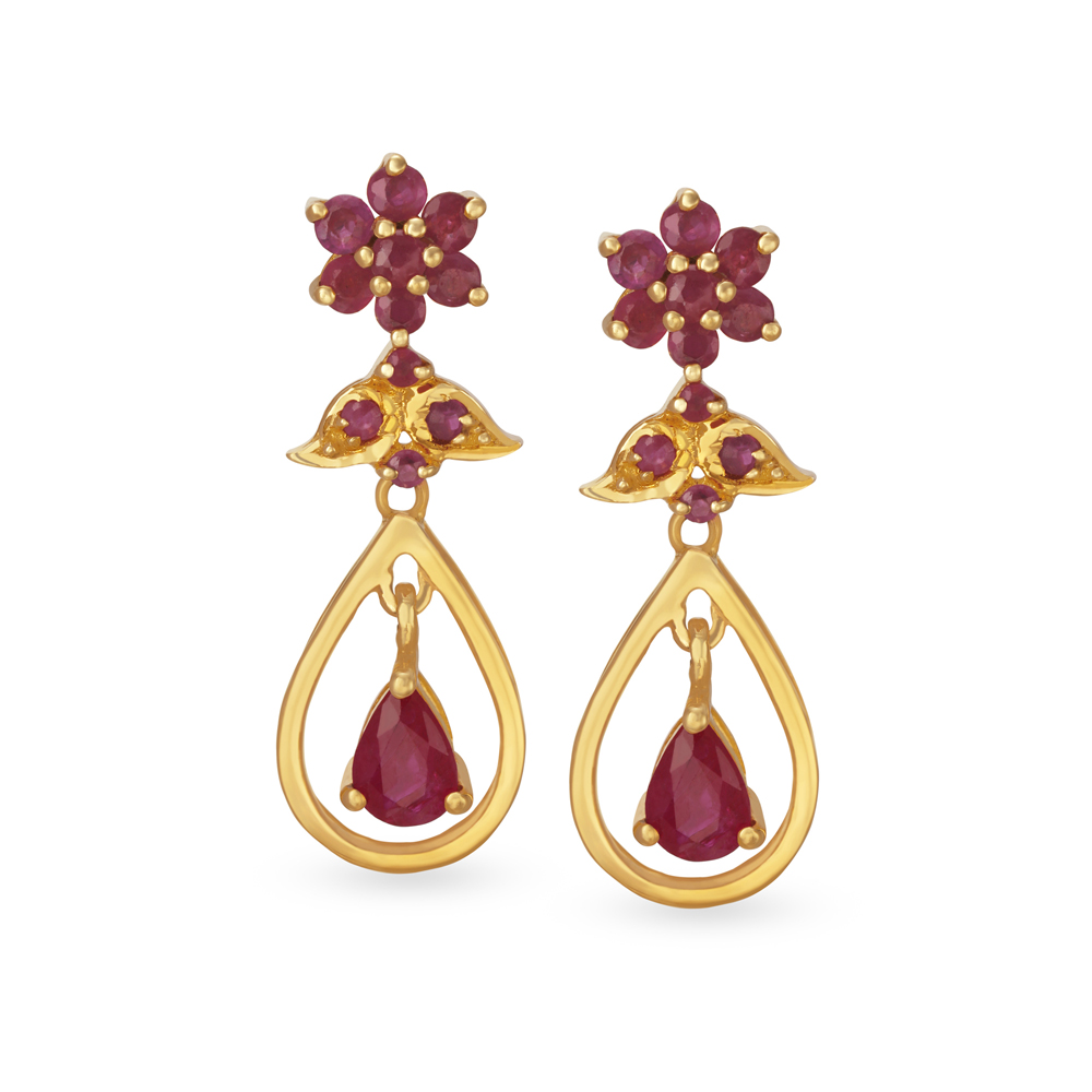 Delightful 18 Karat Gold And Ruby Floral Drop Earrings,,hi-res image number null