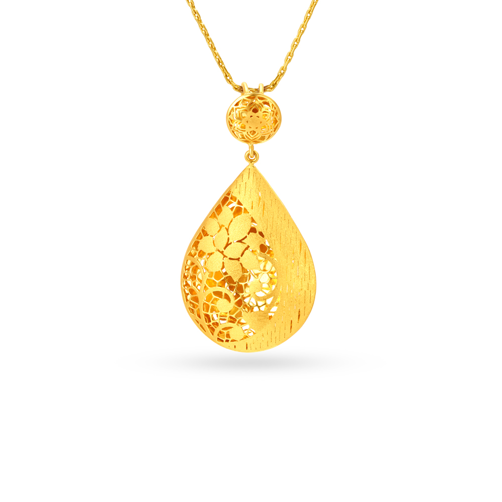Teardrop Laser Cut Floral Pattern Gold Pendant,,hi-res image number null