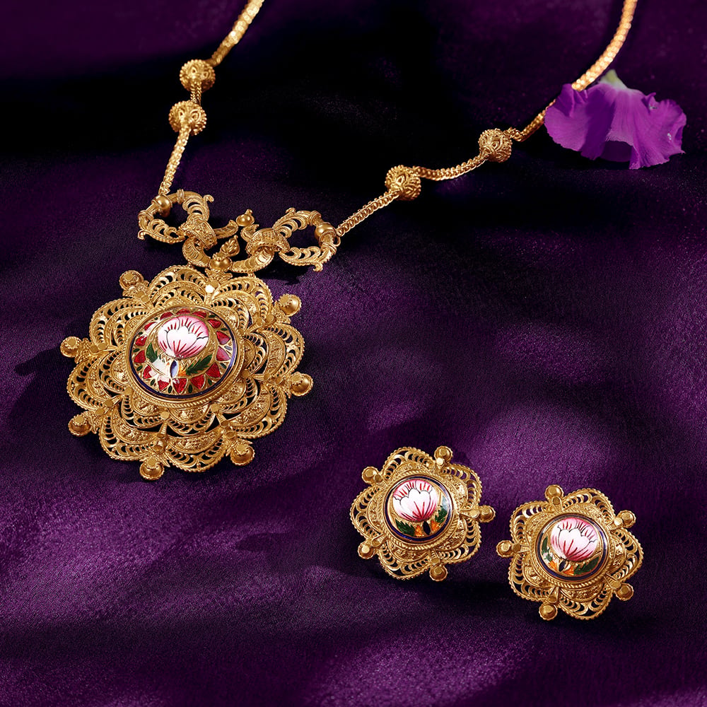 Floral Enamel Gold Necklace Set,,hi-res image number null