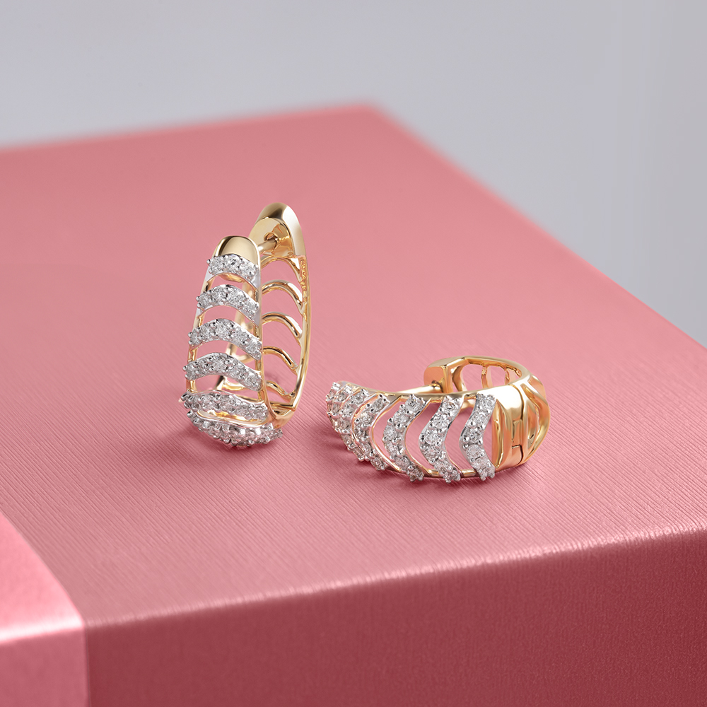 Chevron Shine Gold & Diamond Hoop Earrings,,hi-res image number null