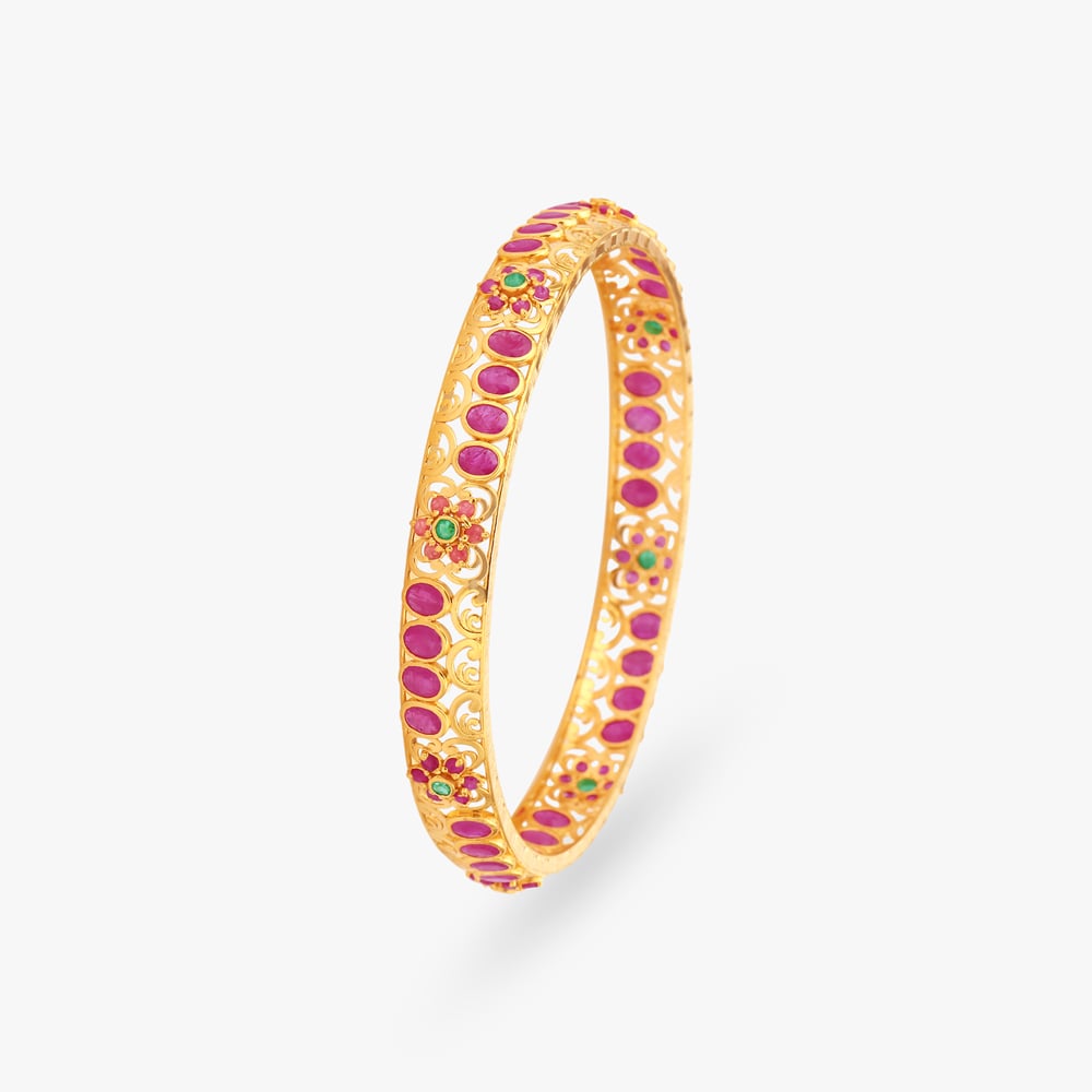 Ornate Floral Motif Gold Bangles,,hi-res image number null