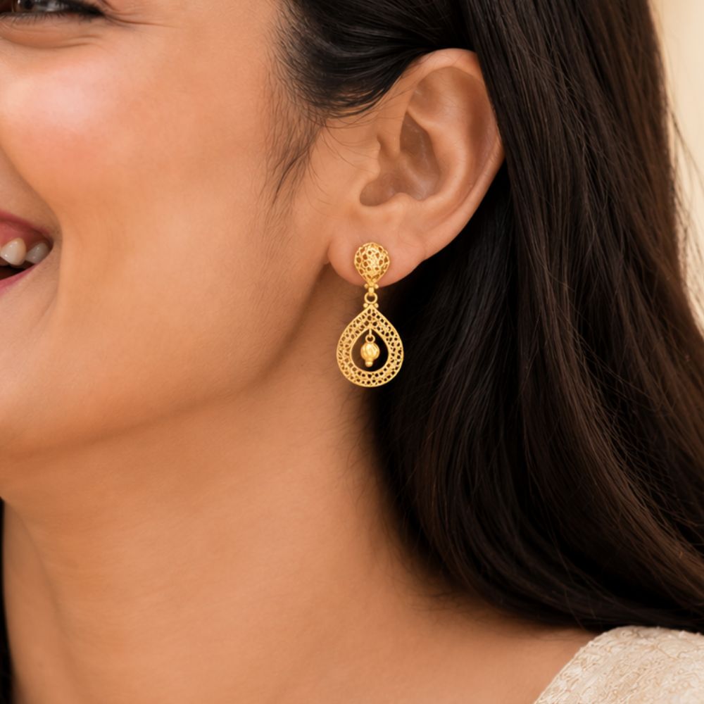 Traditional Gold Jali Work Mesh Drop Earrings,,hi-res image number null