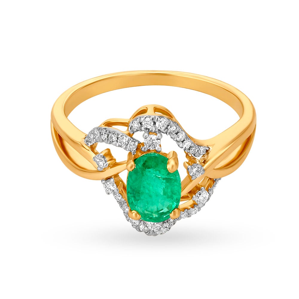 Luxurious 18 Karat Yellow Gold And Diamond And Emerald Finger Ring