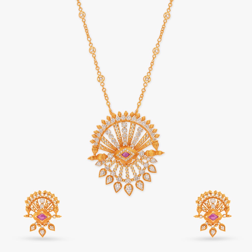 Celestial Dawn Gold Pendant with Chain and Earrings Set,,hi-res image number null