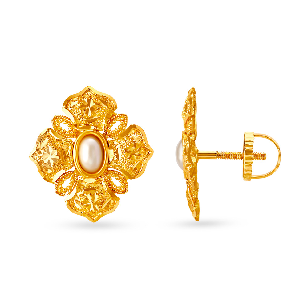 Elegant 22 Karat Gold And Pearl Floral Stud Earrings,,hi-res image number null