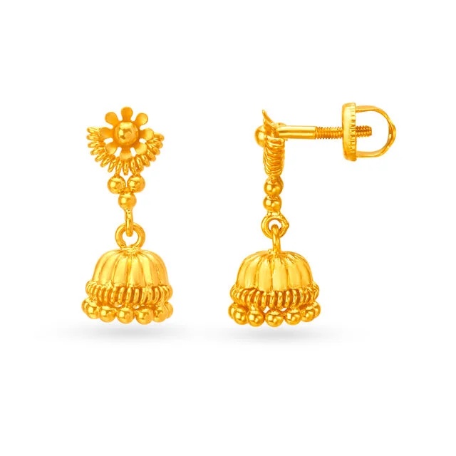 Traditional 22 Karat Yellow Gold Beaded Floral Jhumkas,,hi-res image number null