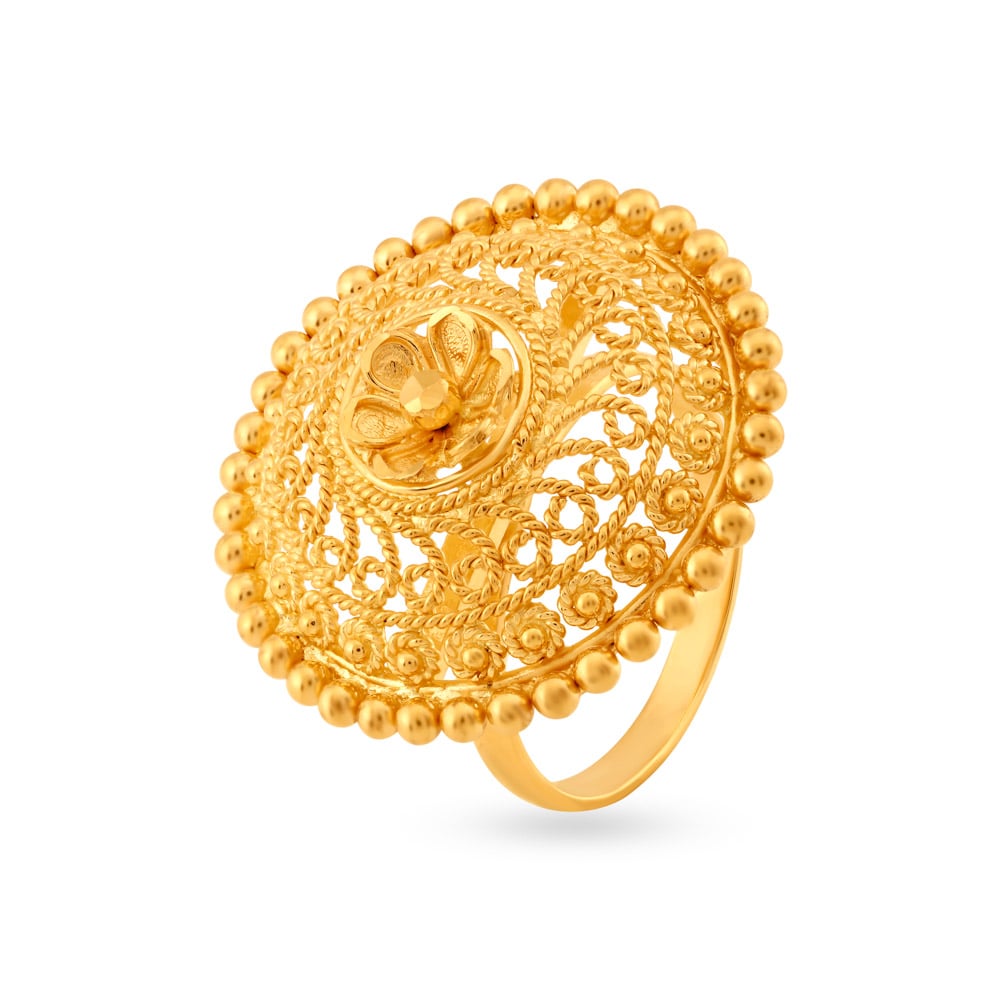 

Floral Gold Finger Ring with Jali Work
