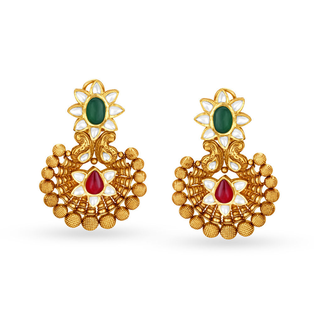 Eye-Catching 22 Karat Yellow Gold and Kundan Chandbali Style Drop Earrings