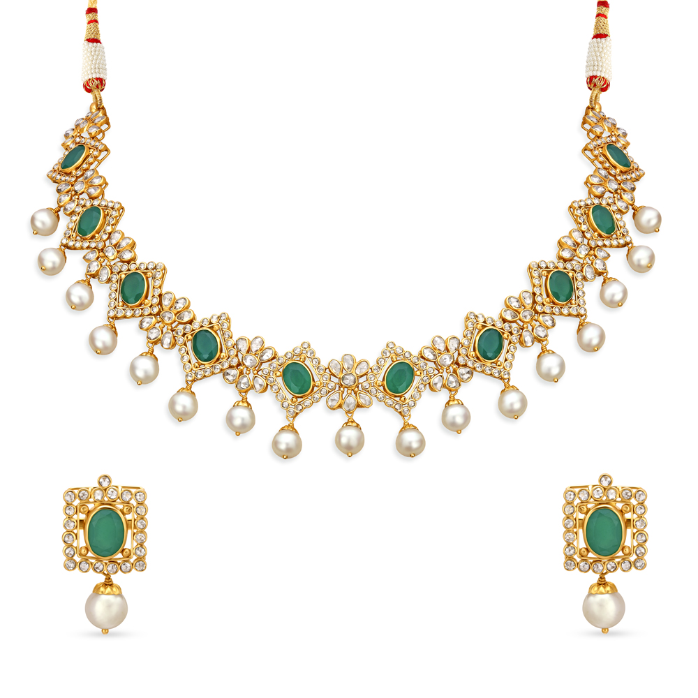 Tanishq pearl shop set with gold